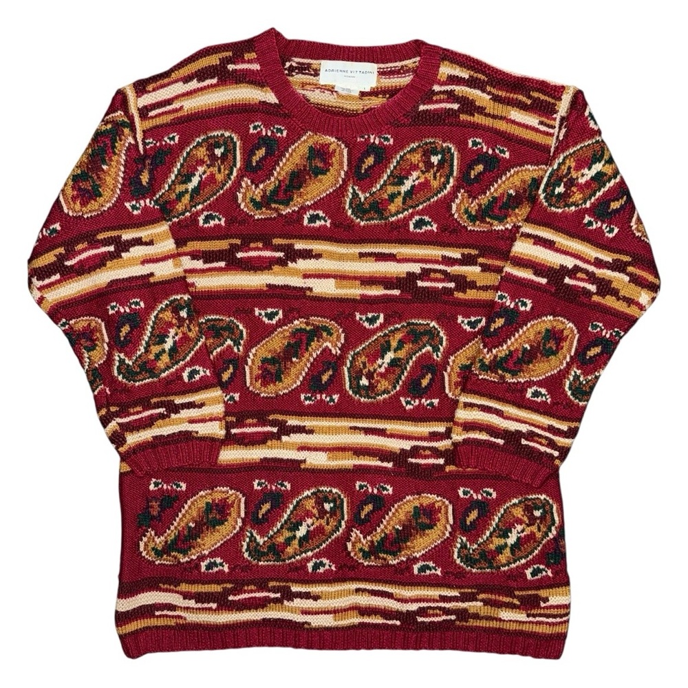 VTG Adrienne Vittadini Wool Blend Tapestry Knit Sweater XL Paisley Coogi Style
